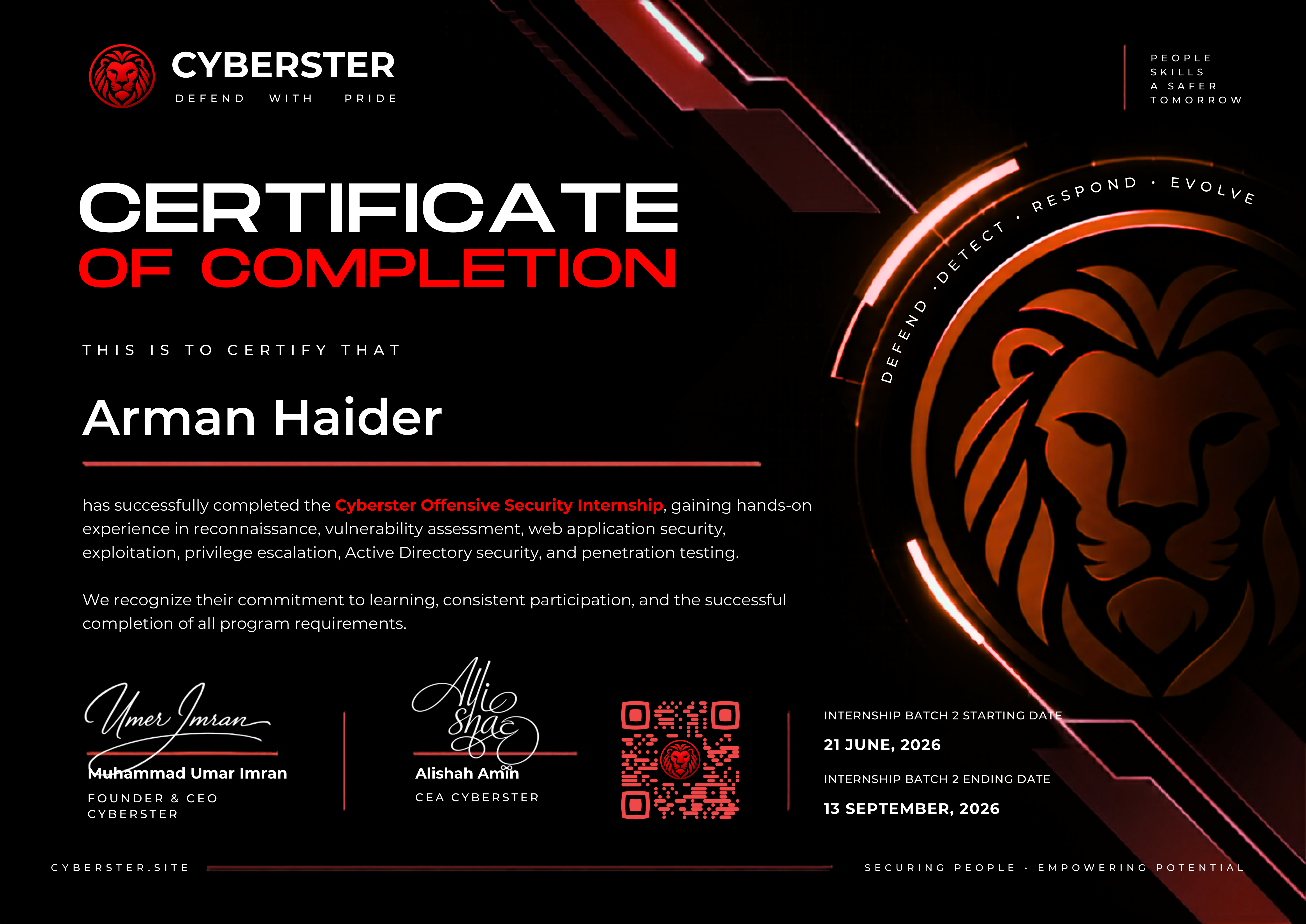 Cyberster Internship Certificate